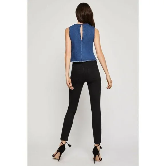 BCBGeneration Denim Crop Top Frayed Hem Blue Medium Wash Denim Top SZ L NWT - Picture 5 of 5